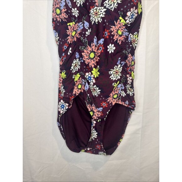 Anne Cole Women’s Purple Floral Merlot Plunge Ruched One Piece Swimsuit Sz 12 - Picture 3 of 11